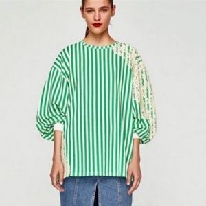 NEW Oversized Zara Green & White Striped Lace Applique Sweater